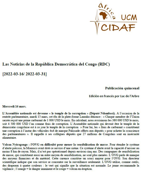 Las Noticias de la República Democrática del Congo (2022-03-16 / 2022-03-31)