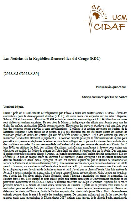 Las Noticias de la República Democrática del Congo (2023-06-16 / 2023-06-30), edición quincenal en francés de Luc de l’Arbre