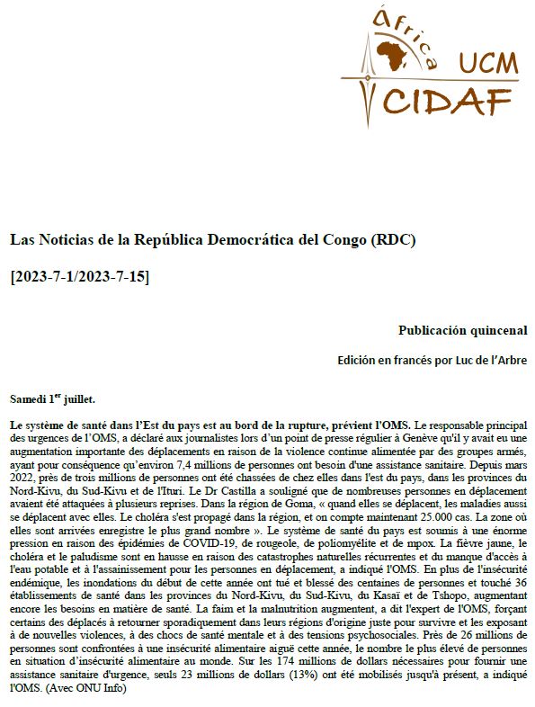 Las Noticias de la República Democrática del Congo (2023-07-1 / 2023-07-15), edición quincenal en francés de Luc de l’Arbre